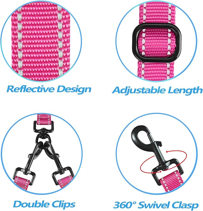 PetBonus Double Dog Leash, No Tangle Dual Leash, Reflective Walking Training Lead, 4 Comfortable Padded Handles for 2 Dogs with Collapsible Bowl and Waste Bags (Pink, Large)