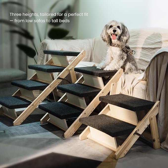 MEWANG Wood Pet Stairs & Ramp for Small/Medium Dogs and Cats, Aging Pets – 3-in-1 Foldable, Portable, Non-Slip Pet Ladder for Tall Beds, Couches,Cars–Holds Up to 220 lbs (24.8" L x 17.2" W x 19.5" H)
