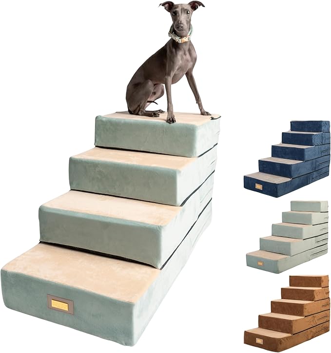 All-in-One Adjustable Dog Stairs – 5-Step Premium Pet Ramp for Small to Large Dogs – Sturdy, Non-Slip & Versatile for Beds, Sofas & More - Soft Cover, Modern Design (Green)