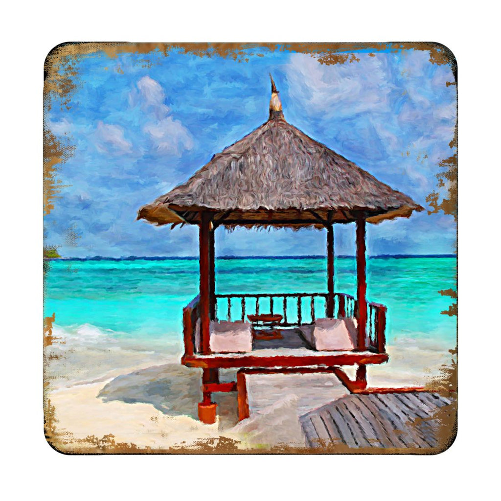 Beach Cabana Coastal Wooden Cork Coasters Gift Set of 4 by Nature Wonders - Coastal Sea-Life Decor - 95270C-S4