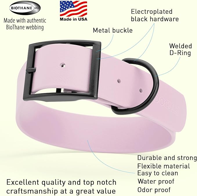 Dogline Biothane Waterproof Dog Collar Strong Coated Nylon Webbing with Black Hardware Odor- Proof for Easy Care Easy to Clean High Performance Fits Small Medium or Large Dogs, Pastel Purple