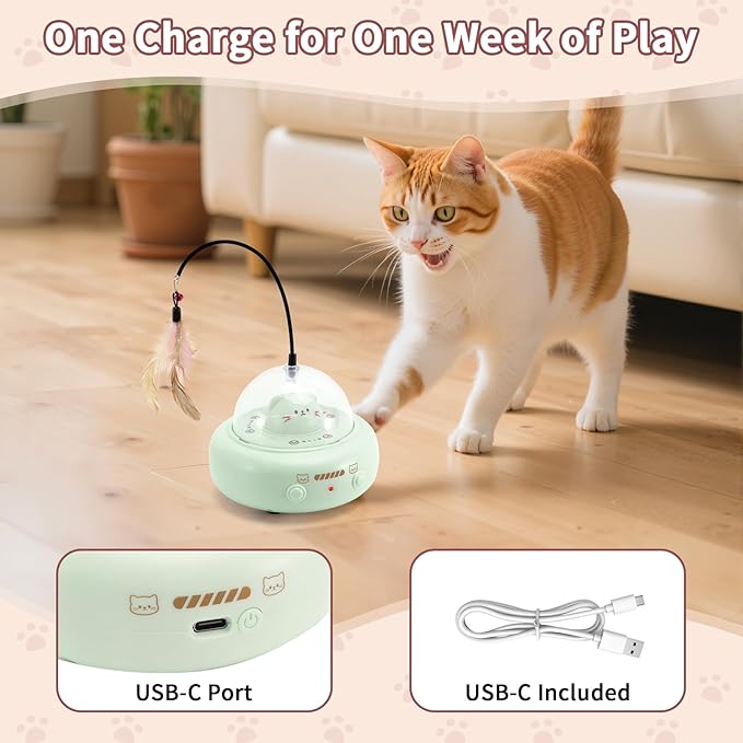 Automatic Cat Toys with Feathers, Interactive Cat Toy for Indoor Exercise, Rechargeable Teasing Toys for Indoor Cats, USB Powered, Smart Standby&Obstacle Avoidance(Green)