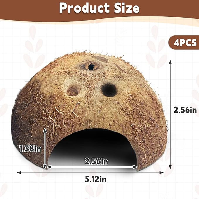 PINVNBY Natural Coconut Reptile Hideouts Lizard, Coco Hut Hermit Crab Hut Aquarium Fish Hide Cave for Small Reptile Crested Gecko Leopard Gecko Spider Snail Climber Toys (4 PCS Natural Surface)