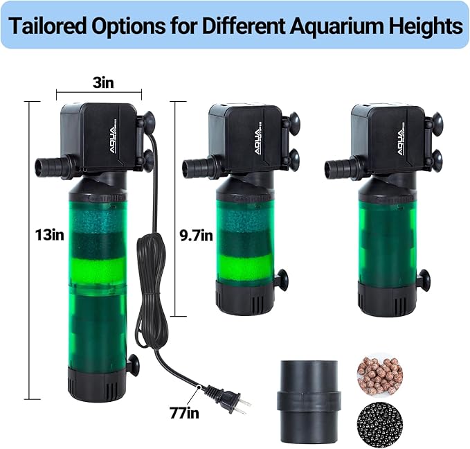 Oiibo 3-in-1 Adjustable Aquarium Filter for 40-150 Gallon, Internal Ceramic Balls&Bio-Sponges Power Water Filter with Air Tube, Silent Submersible Filter, 320GPH (Filter)