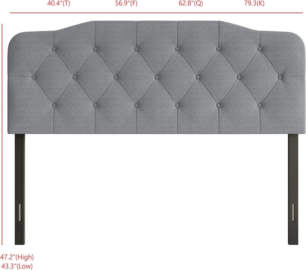 Angela Full Size Button-Tufted Upholstered Headboard, Adjustable Height, Foam Padding, Easy Assembly, Gray