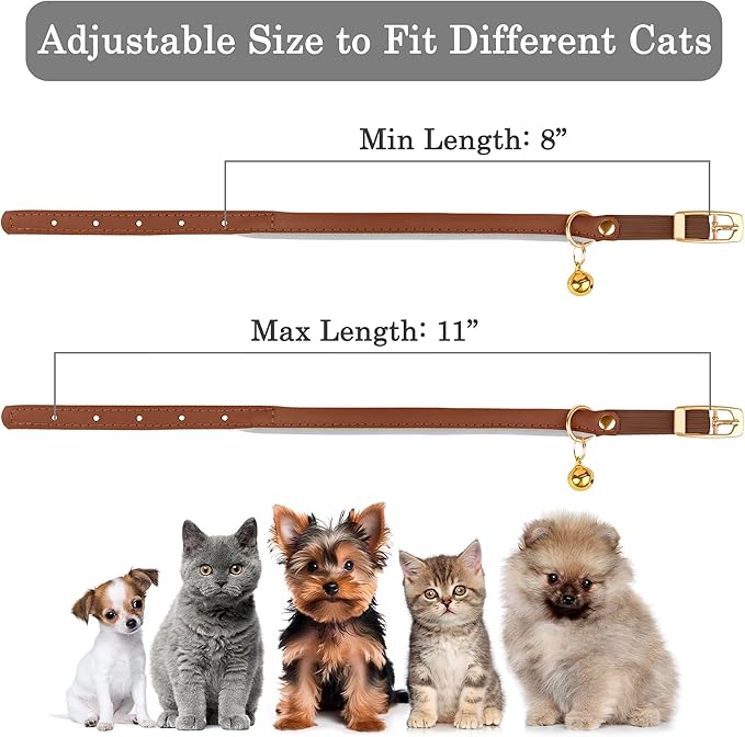OOPSDOGGY Rolled Leather Cat Collar with Bell - Reflective Kitten Collar with Safety Elastic Strap - Adjustable Small Pet Collars for Boy Girl Cats (Brown)