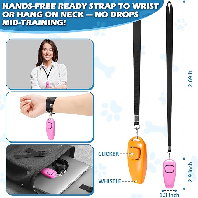 2-in-1 Dog Training Clicker Whistle for Training and Recall, Training Accessories for Puppy, Cats, Horses & Small Animals - 2 Pack with Lanyard, Reward Your Pets Efficiently(Pink + Orange)