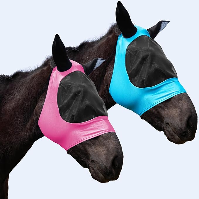 2 Piece Horse Fly Mask with Ears, Comfortable Fit Stretch Fabric Big Eye Space Soft Breathable with UV Protection for Full Horses (Blue-Pink)