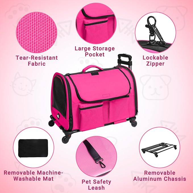 Large Pet Carrier with Wheels, Foldable Rolling Dog Carrier with Big Pocket, Cat Rolling Bag 21"x13"x13"for 2 Cats &Dogs, Use for Travel, Outdoor, Vet Visits, Camping, Indoor. Pink