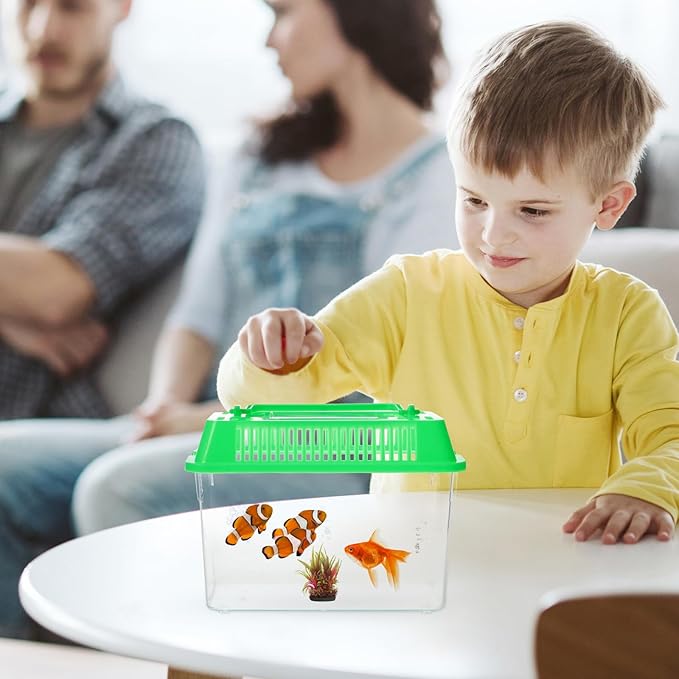 Portable Fish Tank Handheld Fish Tank,Plastic Mini Fish Box Transparent Cutout Design, Plastic Aquarium with Handle for Turtle and Pet Fish (Random Color Lid)
