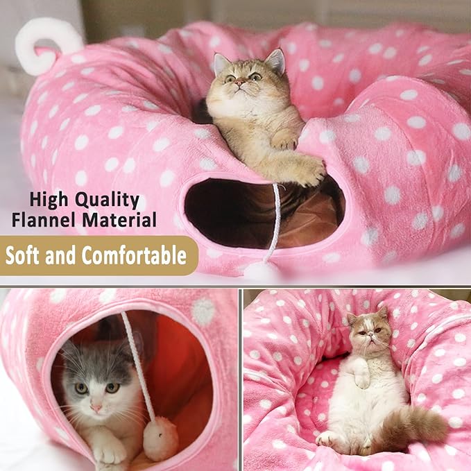 AUOON Cute Cat Donut Tunnel - Round Cat Tunnel Bed with Washable Cushion Interactive Cat Toy for Indoor Cats Kitten Kitty Puppy Rabbit Ferret (Pink)