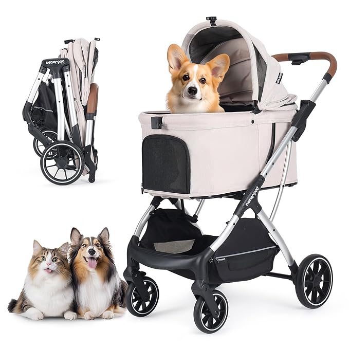 T5 Luxury Pet Stroller for Medium Dog Under 60lbs or 2 Small Dogs & Cats with 180 ̊Canopy, Sun Shades, Auto-Folding Stroller for Multiple Pets（Beige）