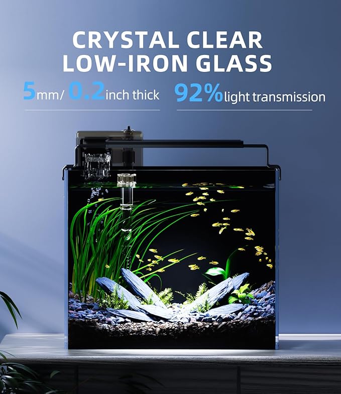 3 Gallon Fish Tank Aquarium Kit with Filter, LED Light with Timer, Siphon Vacuum Cleaner, Lid, Self-Cleaning Glass Rimless Betta Tank