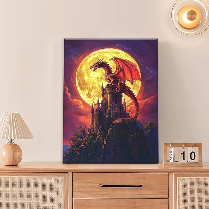 Dragon Bathroom Pictures Wall Art, Red Dragon Castle Bathroom Wall Decor, Framed Painting Canvas Artwork for Bedroom Living Room Decorations 16"L x 12"W