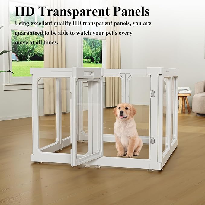 Clear Acrylic Dog Playpen with Door, for Puppy Cat Rabbit Transparent Pet Pen, Dog Playpen Indoor, Dog Fence, Easy Assemble & Cleaning Dog Pen for Small & Medium Dogs (23.6“ Height, 14PCS)