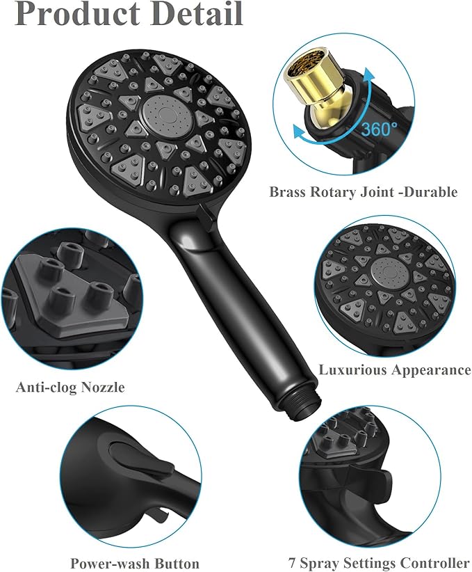 High Pressure Shower head with Handheld 7 Modes, Built-in Power Wash to Clear Tub. Tile & Pets, 5” High Flow Hand Held Hydro Rain Showerhead with Stainless Steel Hose and Adjustable Bracket-Matt Black