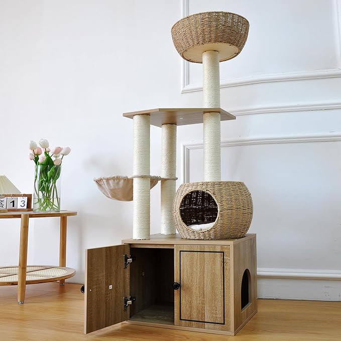 56.7" Tall Rattan Cat Tree for Indoor Cats, Multi-Level Wooden Cat Tower with Scratching Posts, Large Cat Climbing Furniture with Perches