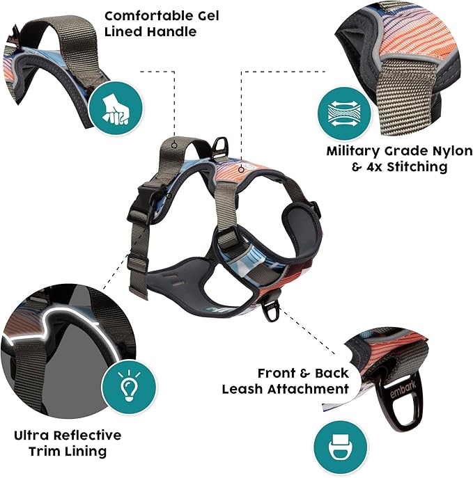 Embark Adventure Dog Harness, Reflective Trim No Pull Dog Harness Medium Sized Dogs - Military Grade Nylon, Front Clip with Gel Lined Handle.
