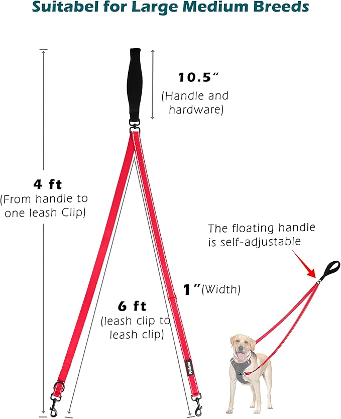 PetBonus Two Point Control Dog Leash, Works with No Pull Harnesses, No Tangle Dog Training Leashes, No Pull Padded and Reflective Walking Lead,Converts to Single Leash for Medium Large Dogs (Red)