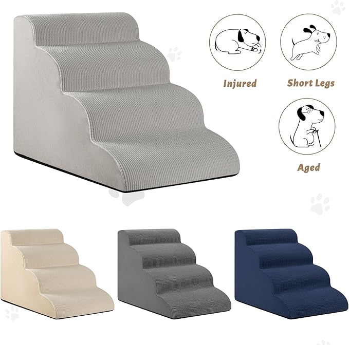 4-Step Dog Stairs and Ramp for Beds or Couches,Non-Slip Sturdy Pet Steps for Small Dogs and Cats,17.4" H,Light Grey