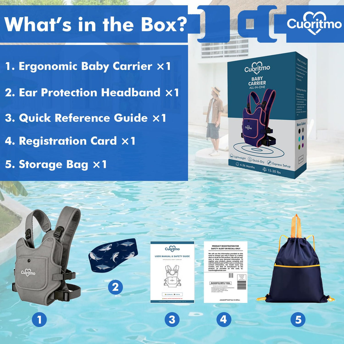 Neoprene Baby Carrier for Newborn to Toddler, Waterproof Front Carry Holder with Adjustable Straps, Lightweight for Beach, Pool & Summer, Light Bule