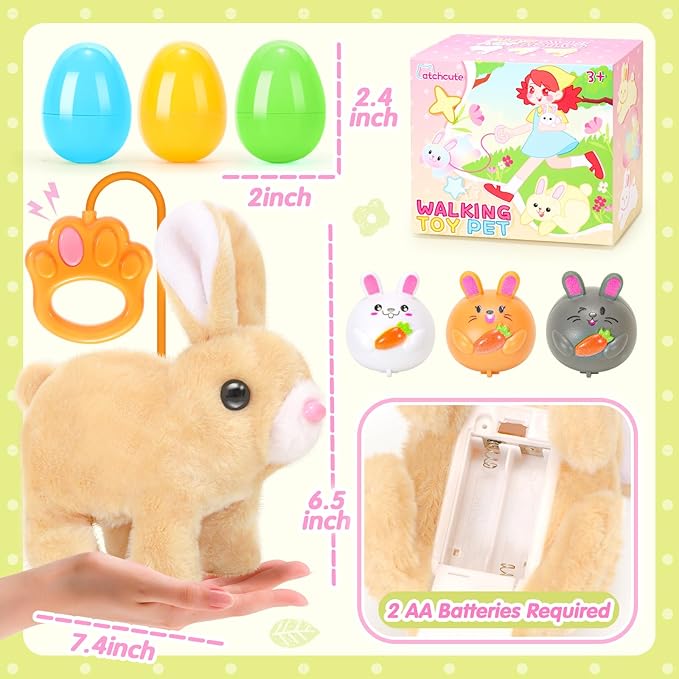 Plush Bunny Easter Toys for Kids,Interactive Bunny with Sounds,Can Walk,Wag Tail and Twitch Nose with Remote Control Leash,Easter Eggs with Pull Back Cars,Easter Birthday Gift for Toddlers