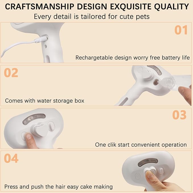 Cat Steam Brush for Shedding– 4-in-1 De-Shedding, Steam Spray, and Self-Cleaning Grooming Tool – Ideal for Long and Short-Haired Pets– Includes 2 Bottles of 120 mL Waterless Shampoo(White)