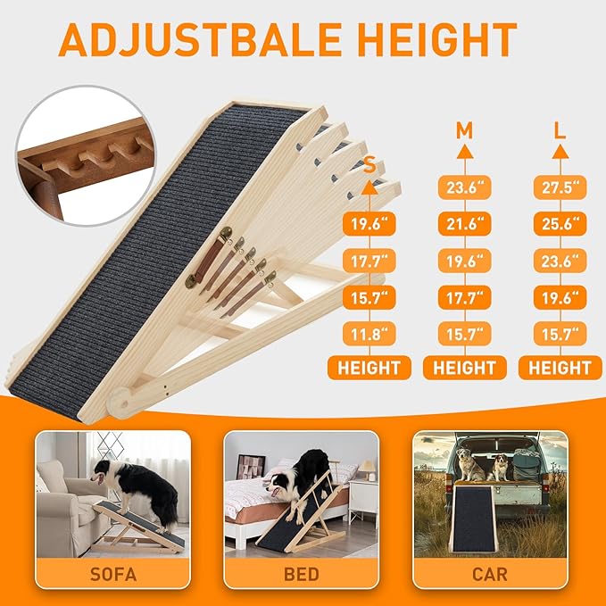 Dog Ramp for Bed, Pet Steps Stairs for Small and Large Dog Portable for Bed, Couch, Car, Height Adjustable, Anti-Slip Traction Mat, Support up to 210 lbs (Black, LENTH-55.1IN)