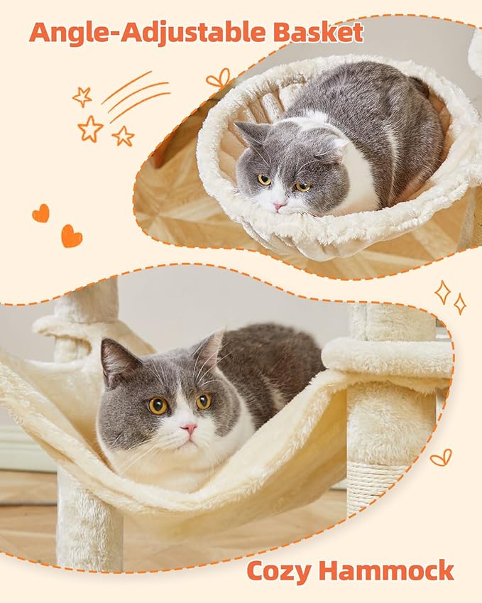 Taoqimiao Cat Tree, 66.2-Inch Cat Tower for Indoor Cats, Plush Multi-Level Cat Condo with 7 Scratching Posts, 2 Perches, 2 Caves, Hammock, 2 Pompoms, Beige MS013M