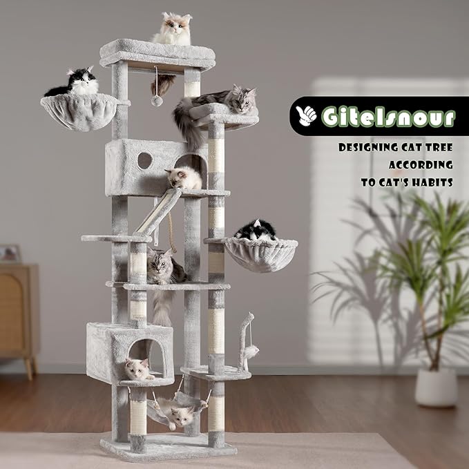 Cat Tree for Large Cats, 78.7"(200cm) Tall Cat Tower for Indoor Cats Multiple Cats with Large Top Perch, Cat Condo, Cat Hammcok, Cat Scratching Post, Light Gray GCT031W