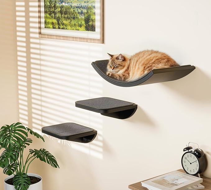 Cat Wall Shelves for Large Cats Set, Grey Curved Wall Sisal Bed and 2 Floating Wall Sisal Steps, Wall Mounted Climbing Shelves for Sleeping, Playing, and Lounging