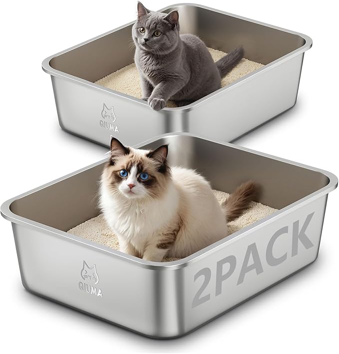 2 Packs Stainless Steel Cat Litter Box, 17.5" L×13.6" W×5.9" H, Metal Kitty Litter Box with High Sided for Small Cats, Non-Stick, Easy to Clean, Odor-Free