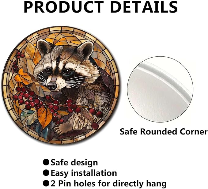 Lygond Metal Sign Tin Sign Circular Stained Glass Raccoon Minimalist Wall Art for Garage 8×8 Inches