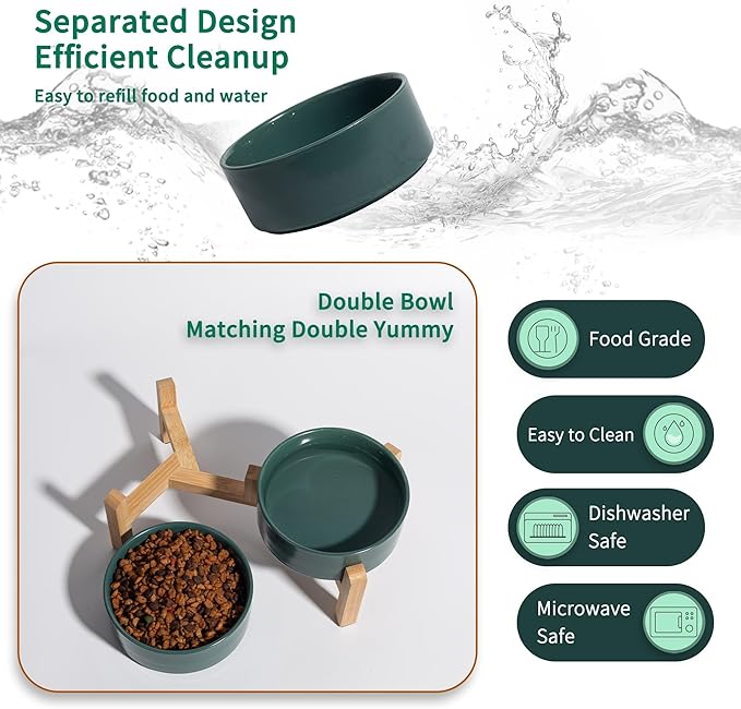 Elevated Ceramic Dog Bowl Set - Raised Feeding Bowls with Non-Slip Bamboo Stand - Small Pet Dishes for Food and Water - Ideal for Cats and Puppies - 16.23 OZ - 2 Cups - 480 ML