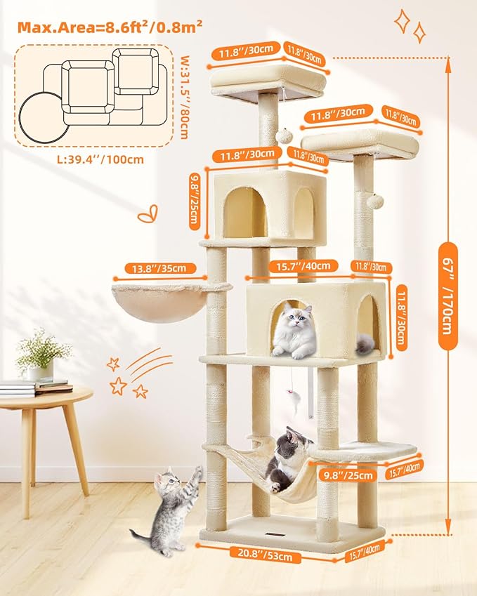 Taoqimiao Cat Tree, 66.2-Inch Cat Tower for Indoor Cats, Plush Multi-Level Cat Condo with 7 Scratching Posts, 2 Perches, 2 Caves, Hammock, 2 Pompoms, Beige MS013M