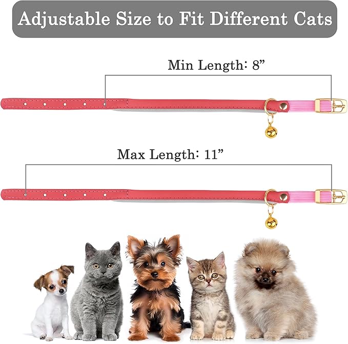 OOPSDOGGY Rolled Leather Cat Collar with Bell - Reflective Kitten Collar with Safety Elastic Strap - Adjustable Small Pet Collars for Boy Girl Cats (Pink)