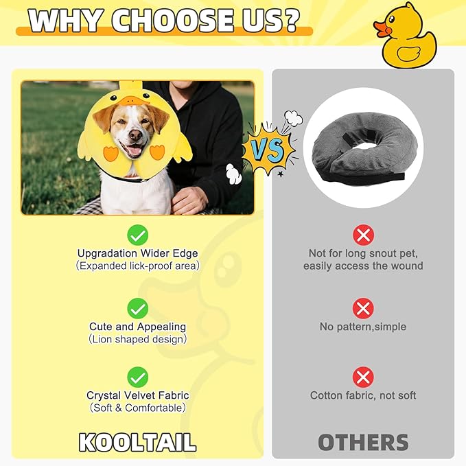 KOOLTAIL Inflatable Dog Cone Collar, Soft Dog Cone Alternative for Large Medium Small Dogs After Surgery, Cute Costume Adjustable Donut Neck Cone for Dogs Cats, Comfortable Recovery E Collar, Duck M