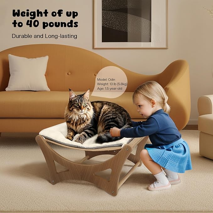 Cat Hammock Bed, Wooden Elevated Cat Beds with Natural Sisal Scratching Mat, Cats Scratcher Bed with Removable Soft Cushion, Cats Scratching Beds with Wood Frames, 22" L x 17.7" W