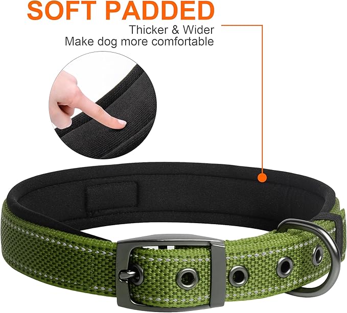 Fida Heavy Duty Dog Collar for Large Dogs, Ultra Comfortable Soft Neoprene Padded, Adjustable Reflective Nylon Pet Collar with Durable Metal Belt Buckle for Large Breeds (L, Green)