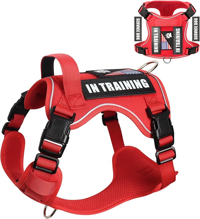 WINSEE Service Dog in Training Harness with 5 PCS Patches, Reflective Tactical Dog Vest Harness, Adjustable Soft Oxford Pet Harness with Easy Control Handle, Hook & Loop Panels for Walking Hiking