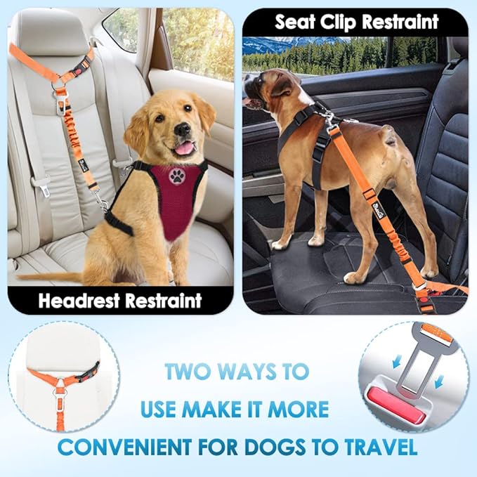 SlowTon Dog Seat Belt for Car, 2 Pack Dog Car Harness Seatbelt Adjustable with Elastic Bungee Buffer, 2 in 1 Pet Car Leash Headrest Restraint Dog Reflective Safety Tether (Orange, Headrest+Clip)