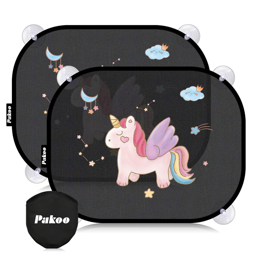 Pakoo Car Sun Shade for Baby with UV Protection, 2 Pack UV Protection Breathable Car Window Sun Shade for Children with Cute Animal Motifs, 17.7 x 14 inches Sun Shades with 8 Cups