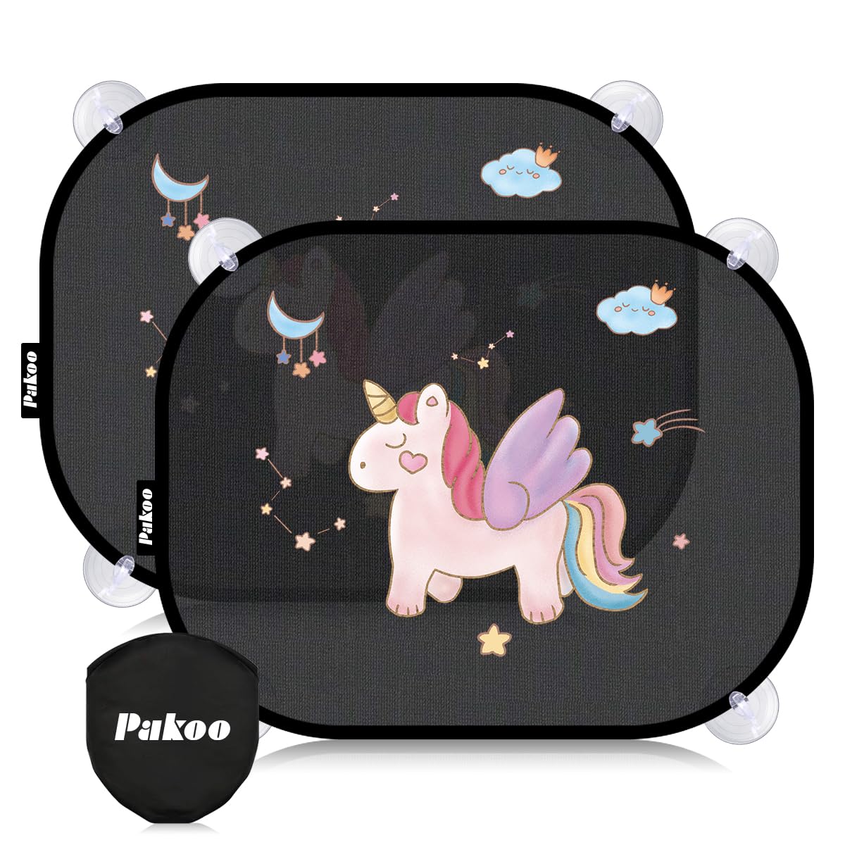 Pakoo Car Sun Shade for Baby with UV Protection, 2 Pack UV Protection Breathable Car Window Sun Shade for Children with Cute Animal Motifs, 17.7 x 14 inches Sun Shades with 8 Cups