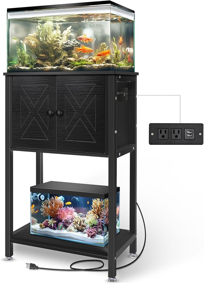 5-10 Gallon Fish Tank Stand, Heavy Duty Aquarium Stand with Cabinet & Power Outlets for Fish Tank Accessories Storage, Double Tank Stand 20.5" L* 11" W Tabletop, 220LBS Capacity Black