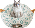 Cat Tunnel Bed with Soft Cushion, Cat Donut Tunnels for Indoor Cats, Peekaboo Cat Cave Toy, Multifunctional Playground Toys for Kittens, Rabbit, Blue Jacquard Pattern
