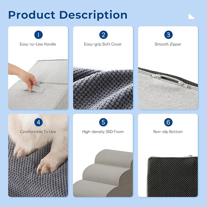 Dog Stairs for High Beds 22.8" H - Pet Stairs Ramp for Couch, 35D Foam Dog Steps for Small to Large Dogs with Non-Slip Bottom Grey, 5 Steps