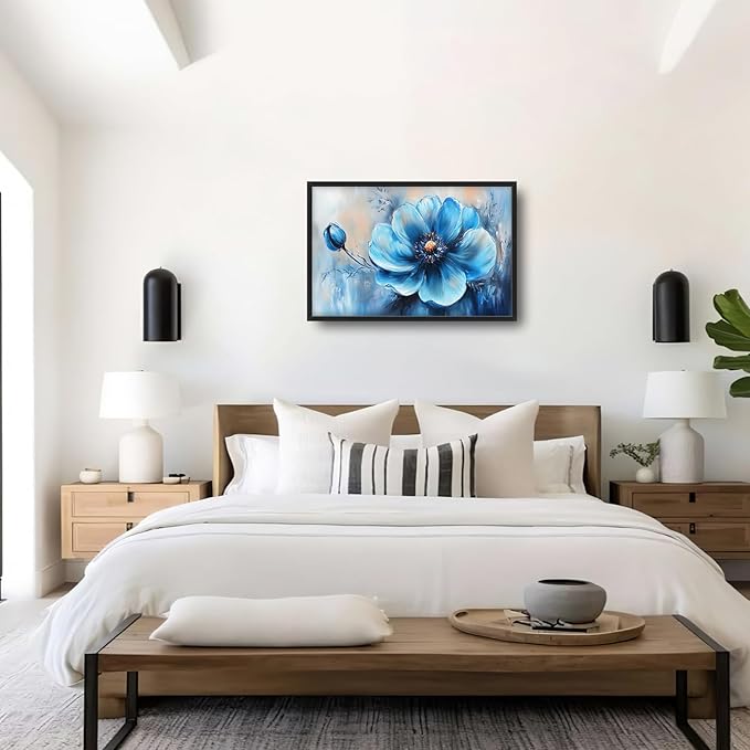 Extra Large Abstract Blue Flower Framed Wall Art for Living Room,Oversized Elegant Floral Pictures Wall Decor,Canvas Print Painting Modern Artwork Bedroom Office Bathroom 36L" x 24W"