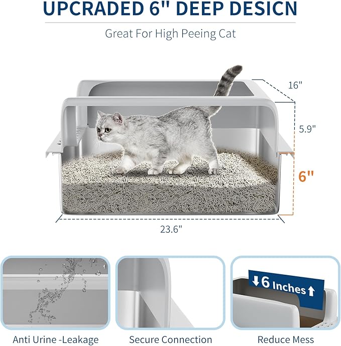 Stainless Steel Cat Litter Box 6 inch, XXL Large Cat Litter Tray with High Side, Platform Step and Scoop for Big Cats Multiple Cats, Easy Clean