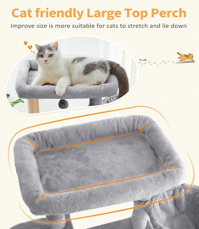 Cat Tree Large Cat Tower Tree 68" Multi-Level Cat Tower for Indoor Cats with Sisal Scratching Posts, Widen Cat Perche, Square Hammock, 2 Widen Condos, Scratching Posts, Light Grey