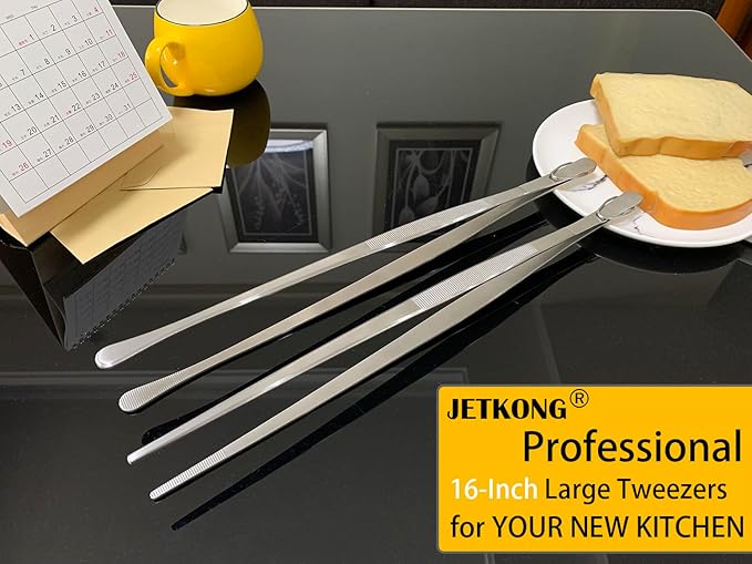 JETKONG 2 Pcs 16-Inch Kitchen Tweezers Extra Long Tweezer Tongs, Heavy Duty Stainless Steel Cooking Tweezers (Silver)